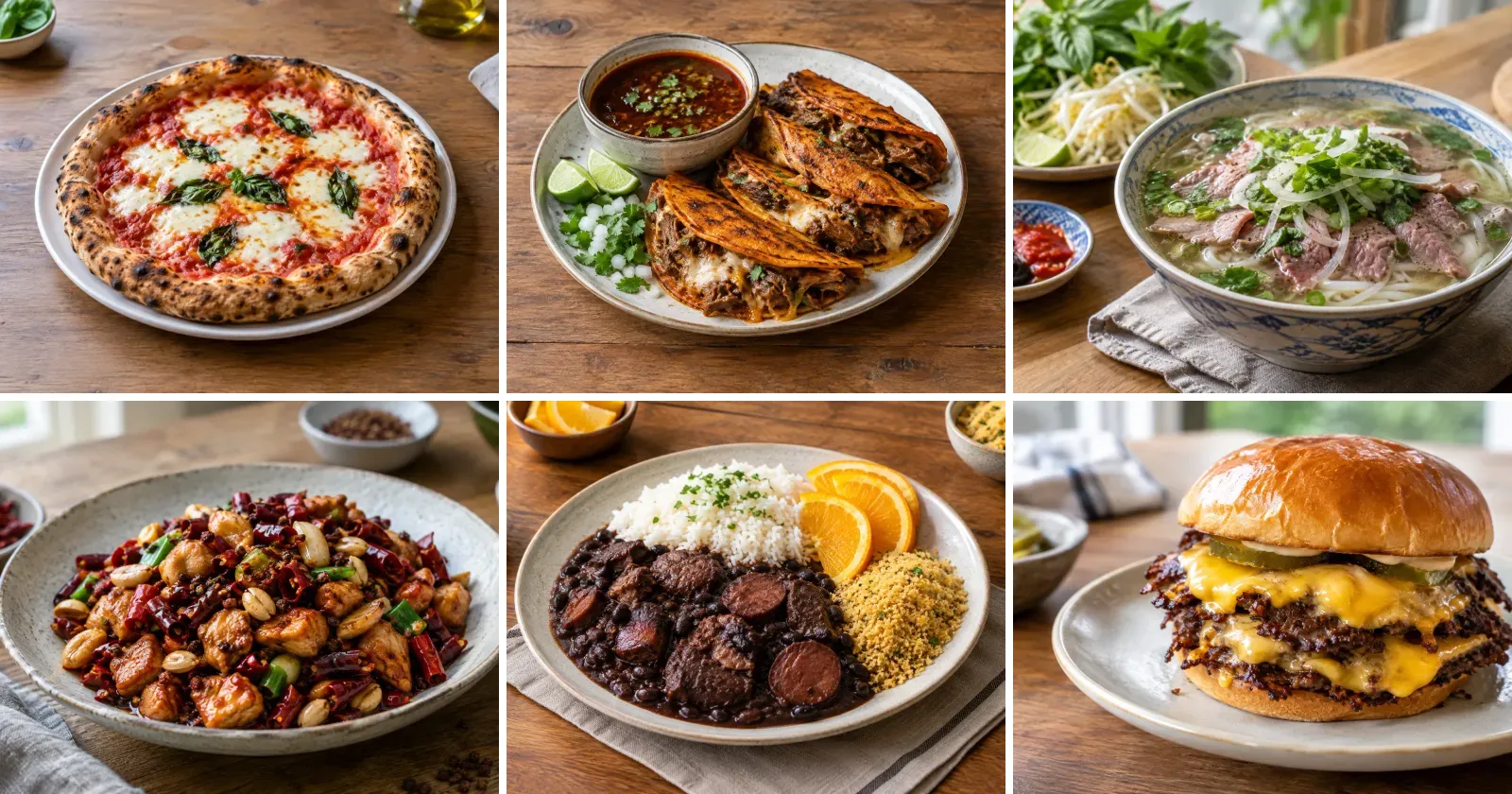 Six recipes from Discover: margherita pizza, birria tacos, phở bò, kung pao chicken, feijoada and a smash burger