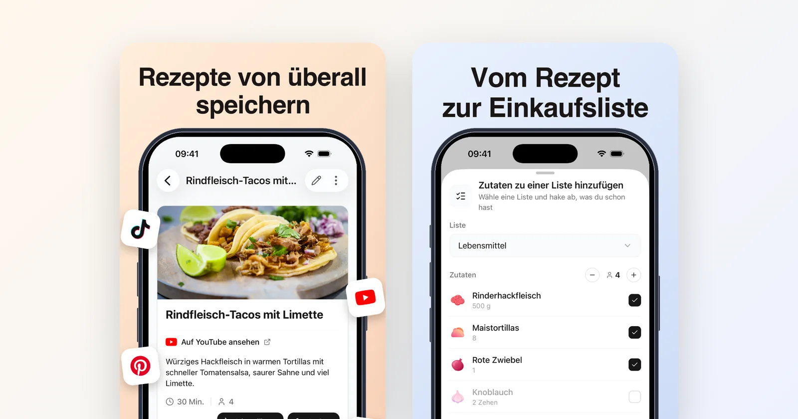 Groceree auf dem Handy: ein von YouTube gespeichertes Taco-Rezept und seine Zutaten auf dem Weg zur Einkaufsliste