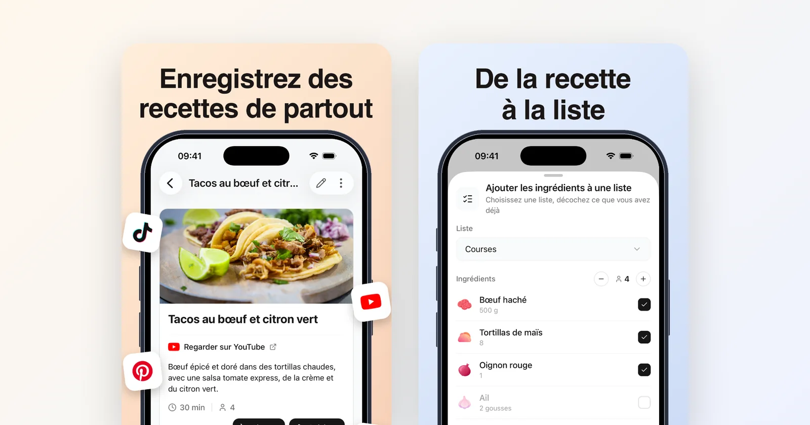 Groceree sur un téléphone : une recette de tacos enregistrée depuis YouTube et ses ingrédients ajoutés à la liste de courses