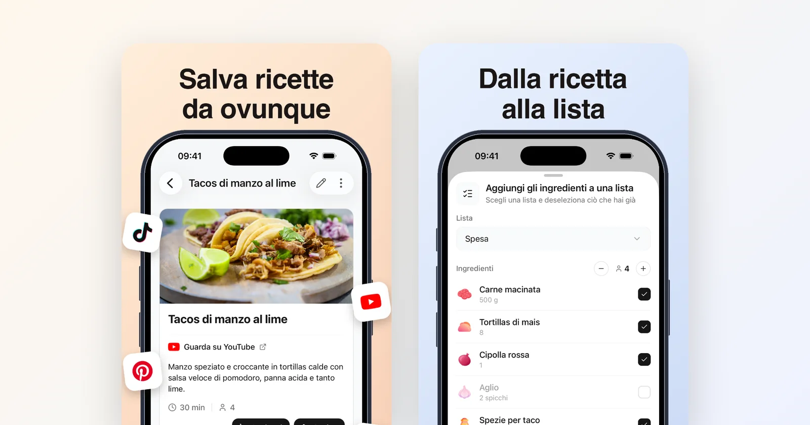 Groceree su un telefono: una ricetta di tacos salvata da YouTube e i suoi ingredienti aggiunti alla lista della spesa