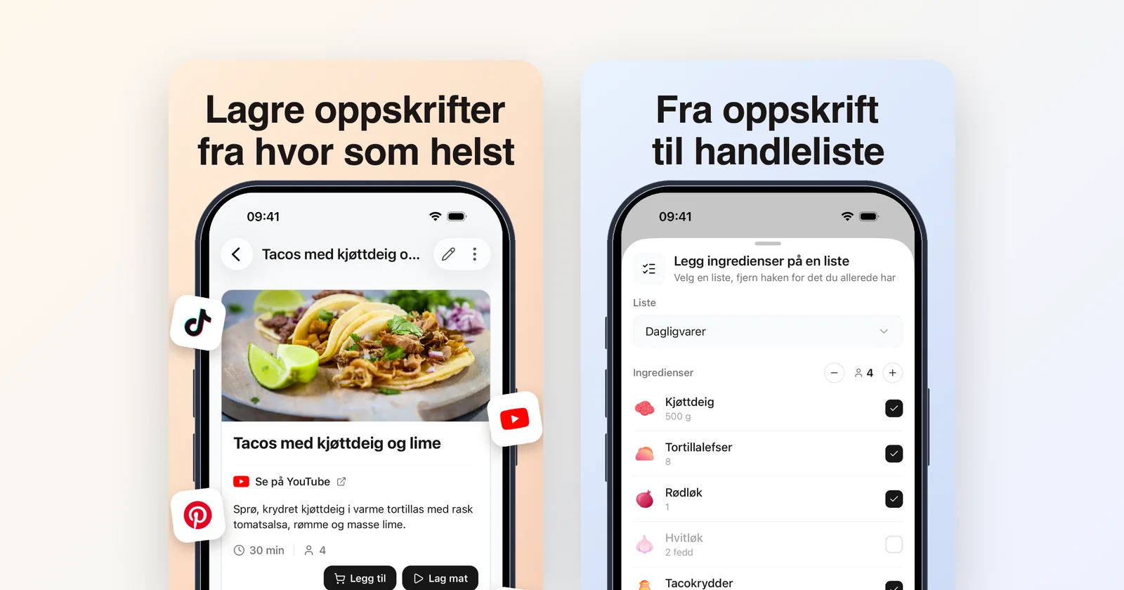 Groceree på en telefon: en tacooppskrift lagret fra YouTube og ingrediensene som legges på handlelisten