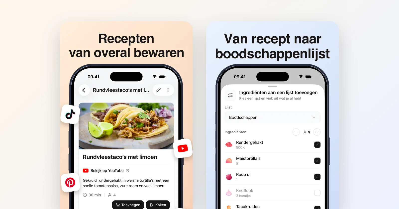 Groceree op een telefoon: een tacorecept opgeslagen van YouTube, en de ingrediënten die op de boodschappenlijst komen