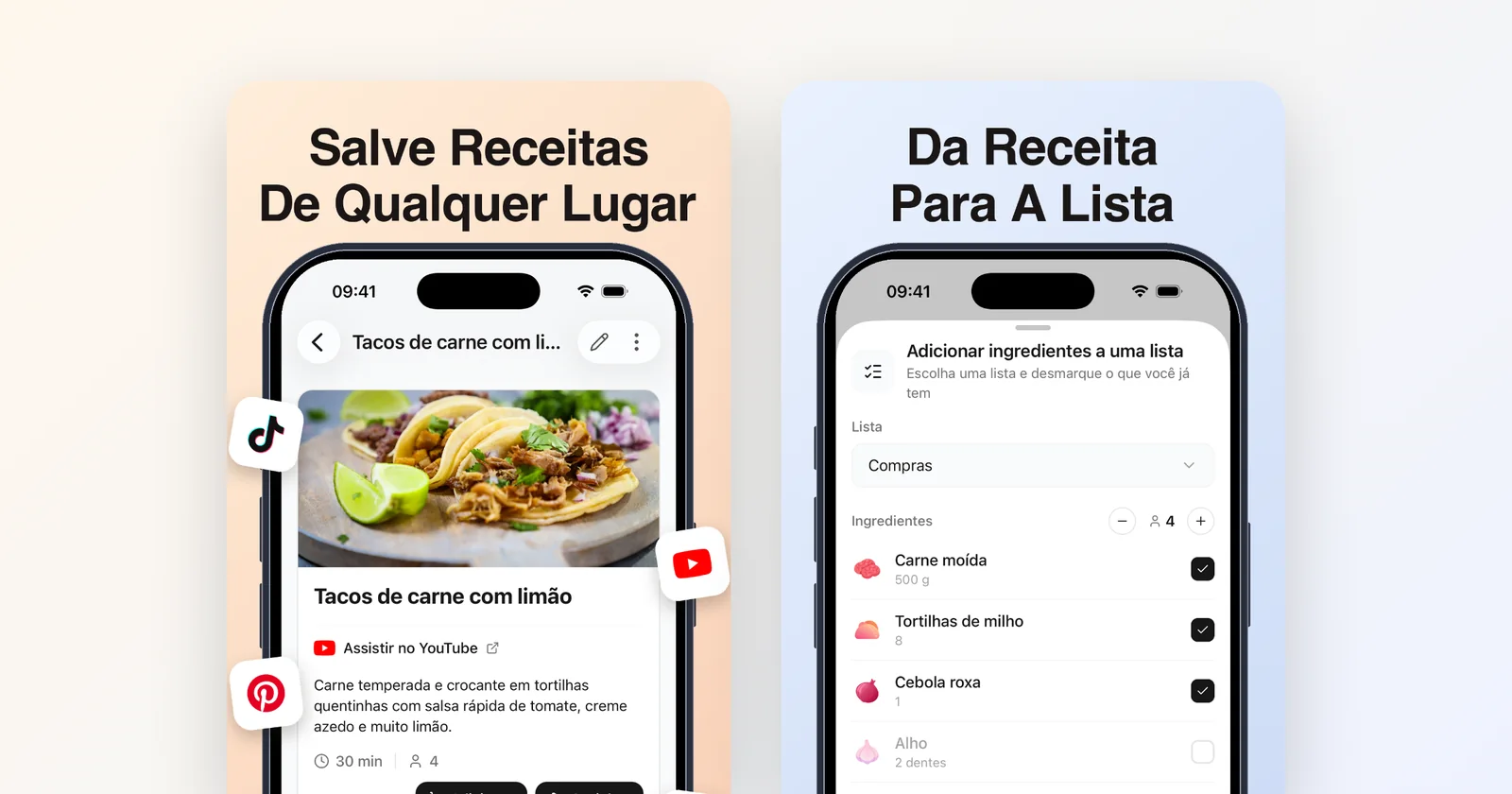 Groceree no celular: uma receita de tacos salva do YouTube e os ingredientes indo para a lista de compras