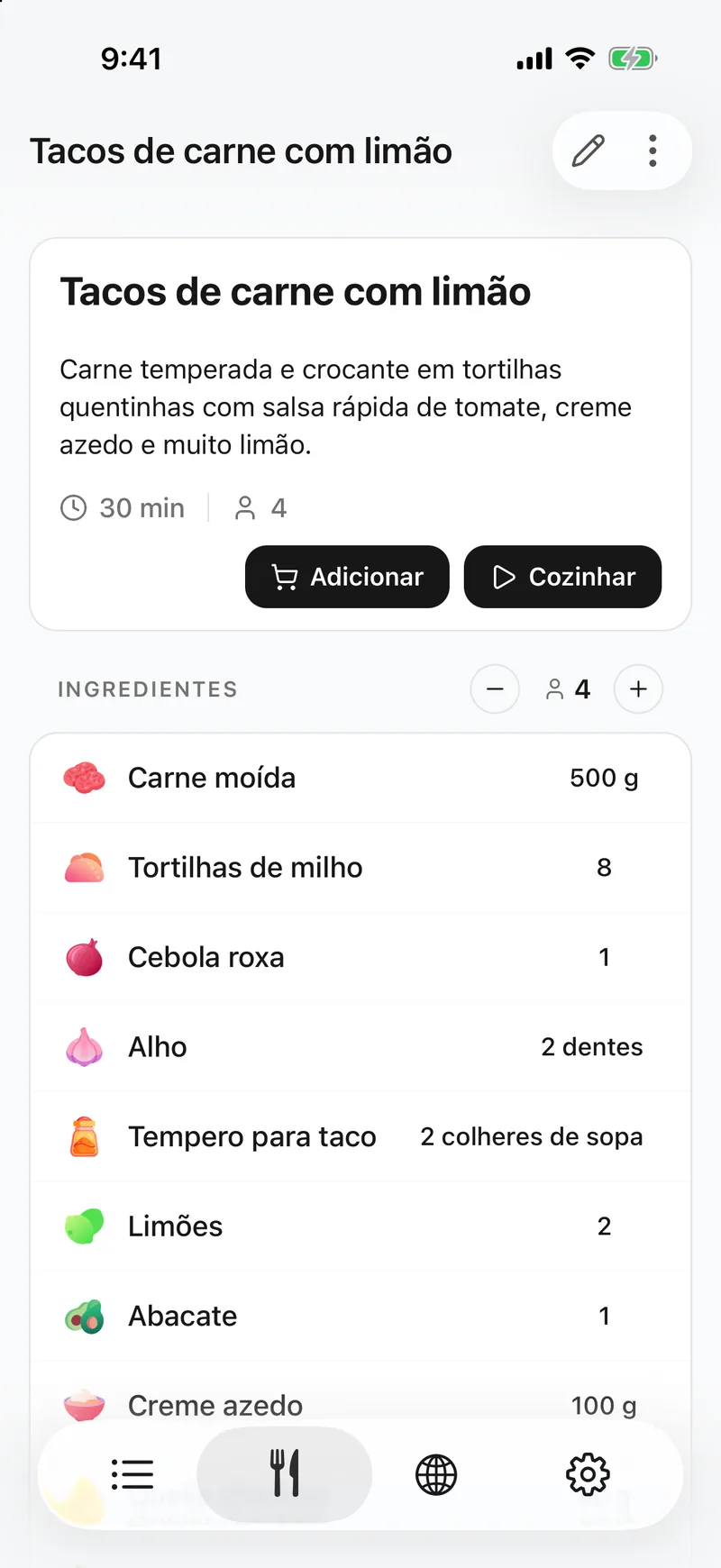 A receita aparece digitada