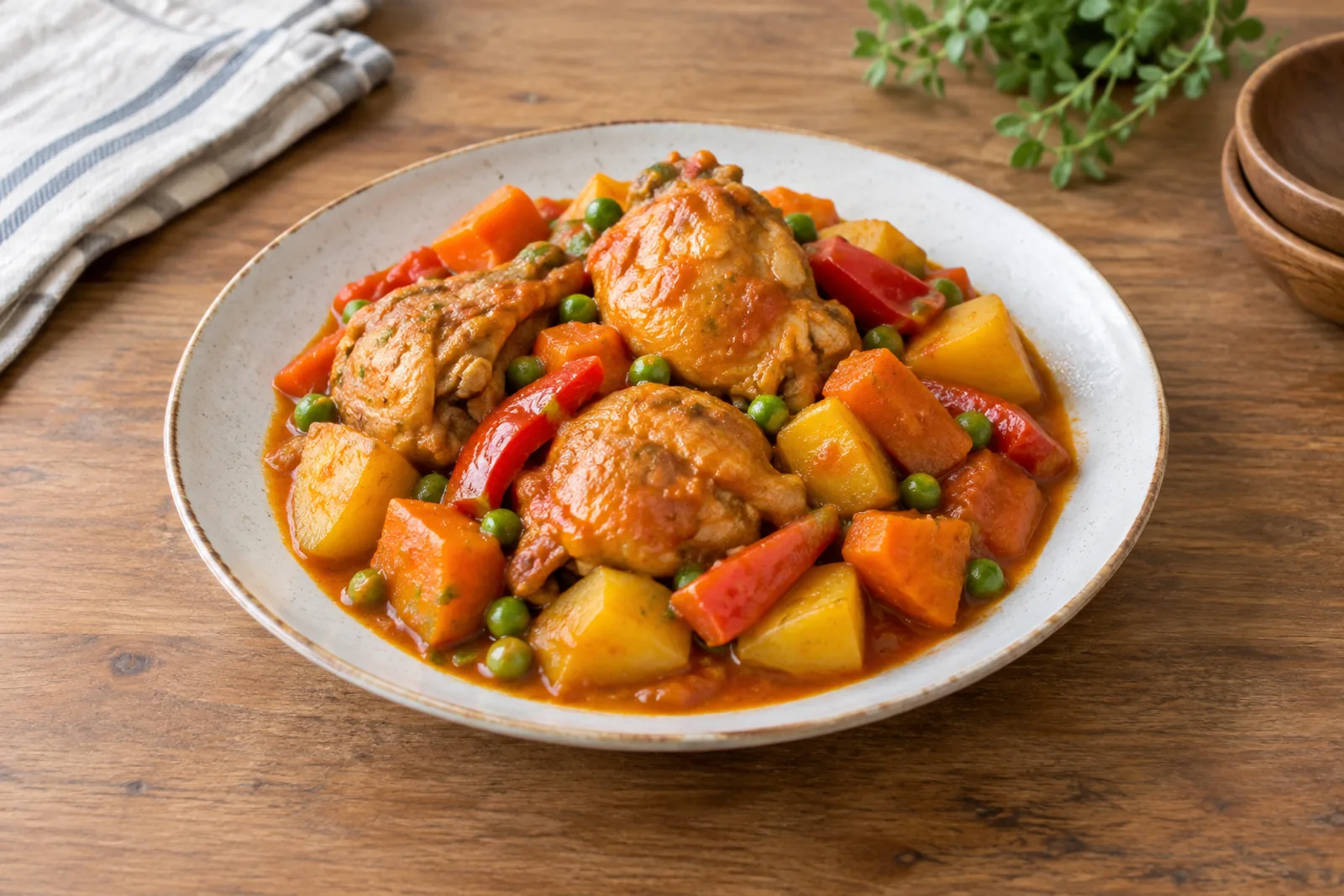 A pot of chicken in tomato sauce with potatoes, carrots, red and green peppers