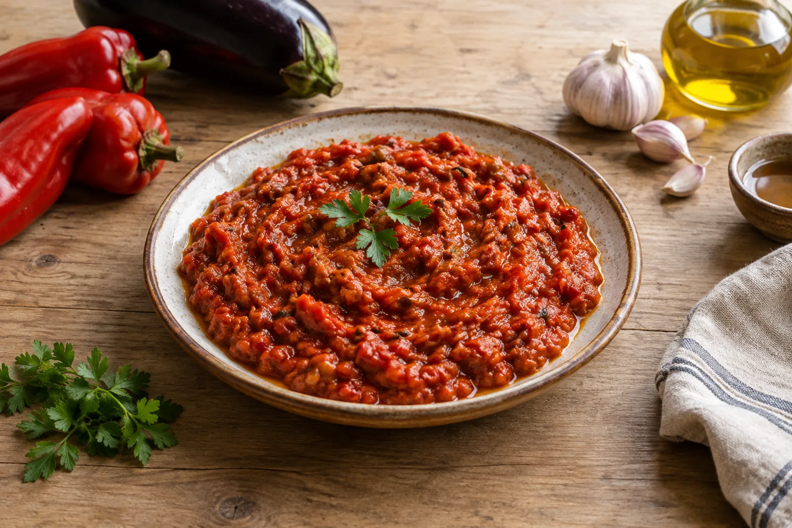 A jar of thick, deep red roasted pepper spread with a spoon, beside bread and white cheese