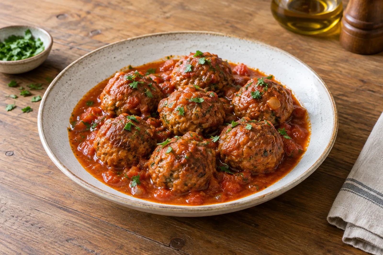 Meatballs in tomato sauce in an earthenware dish with parsley and crusty bread