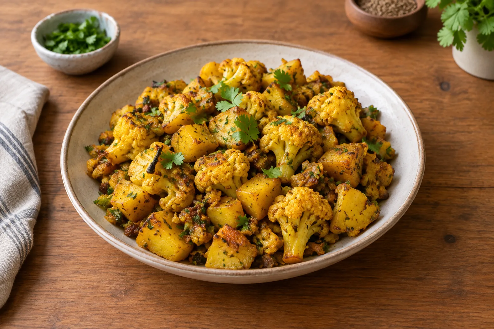 A pan of golden aloo gobi with browned cauliflower florets, potato and fresh coriander