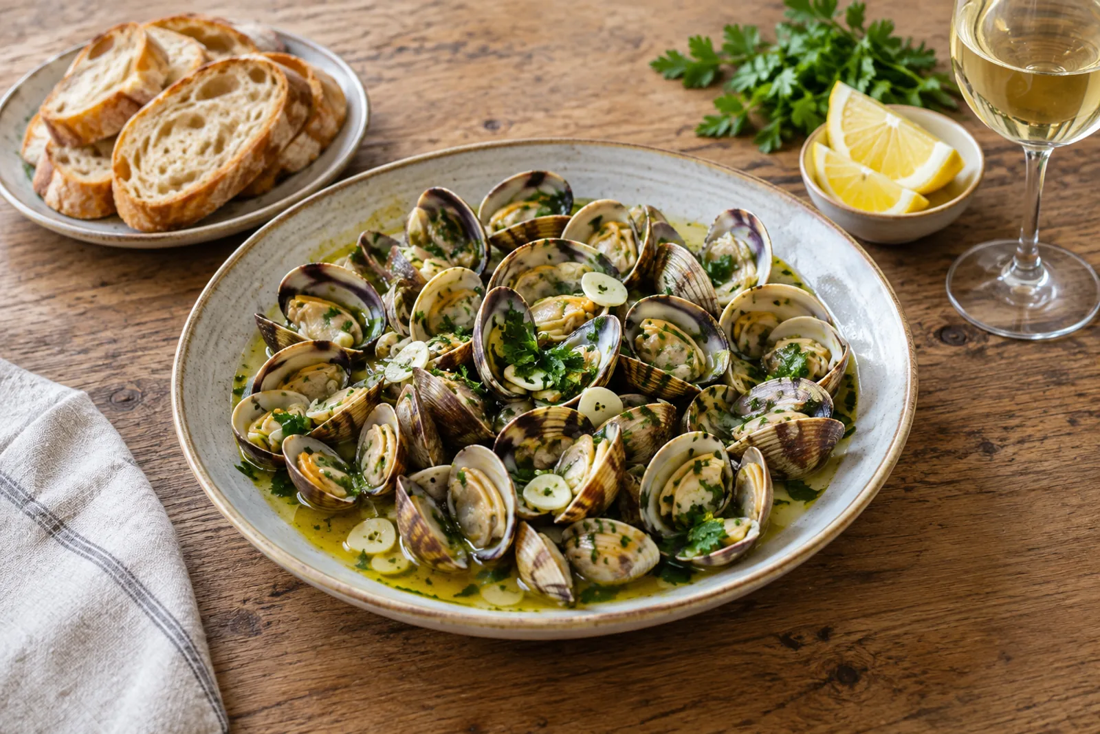 Open clams in a garlicky green broth with coriander and lemon wedges, with bread
