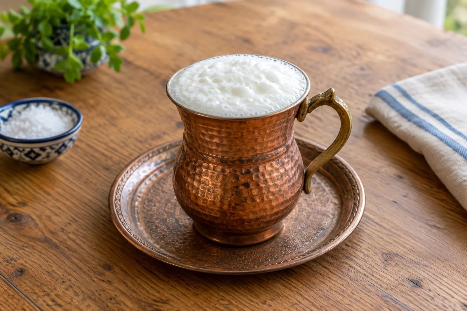 Two glasses of white frothy yoghurt drink with a layer of foam on top