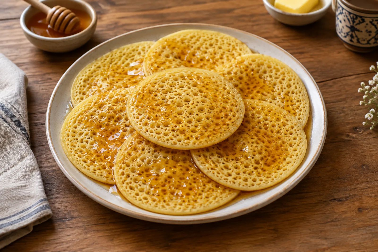 Spongy pale pancakes covered in tiny holes, drenched in melted butter and honey