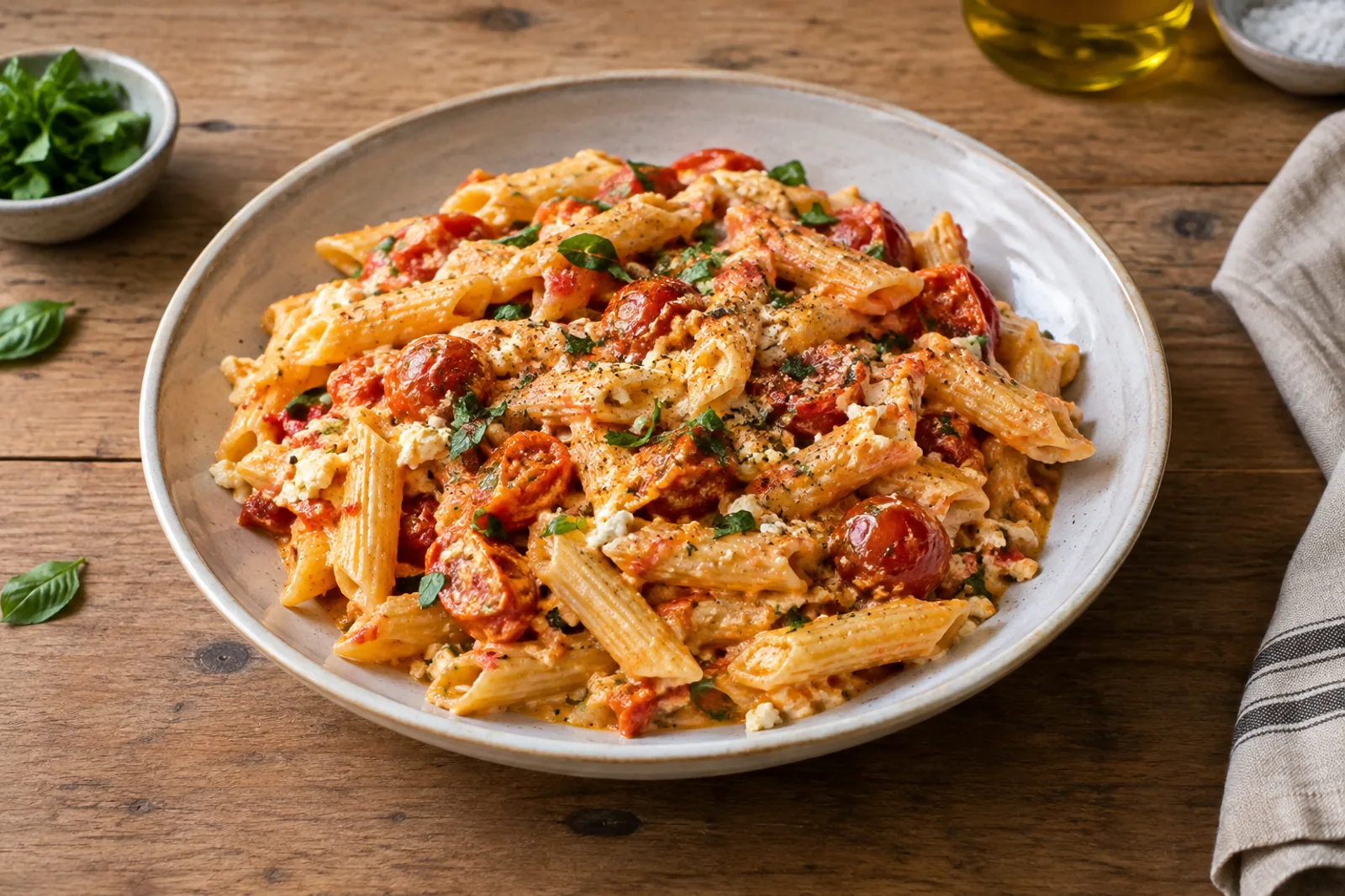 A bowl of short pasta coated in a pink-orange tomato and feta sauce with burst cherry tomatoes and torn basil