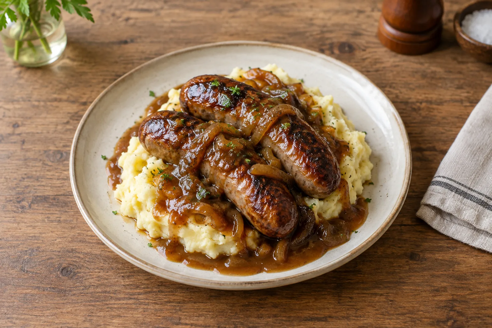 Sausages on mashed potato with dark onion gravy poured over