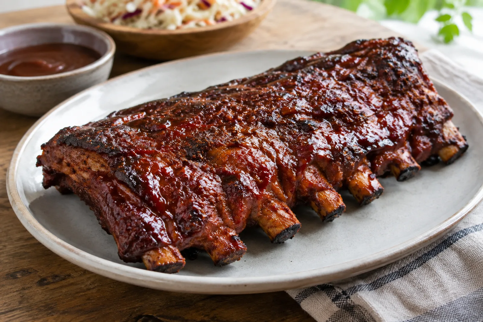 A rack of glazed BBQ pork ribs sliced into portions, the glaze caramelised and dark