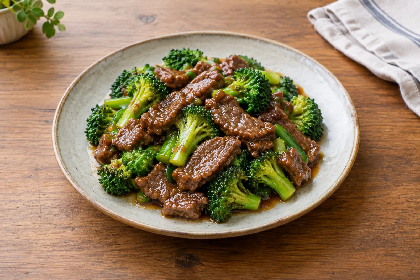 Sliced beef and bright green broccoli florets in a glossy brown sauce