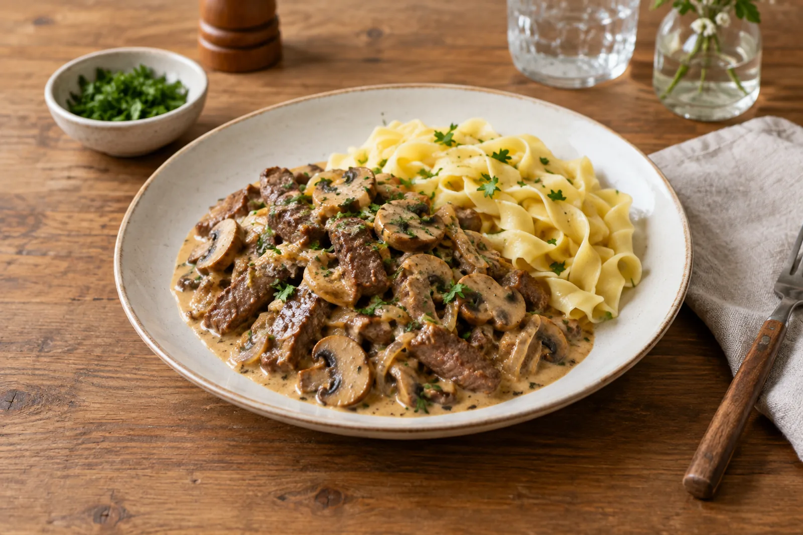 Beef stroganoff with mushrooms in a pale creamy sauce, parsley on top, beside buttered noodles