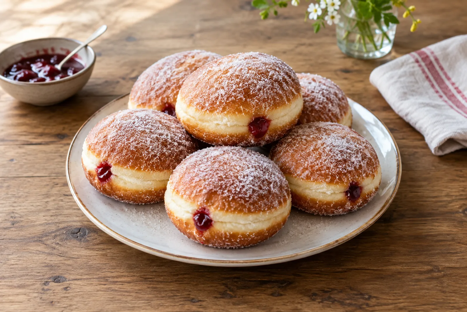 Round sugared doughnuts with a pale band around the middle, one bitten to show red jam