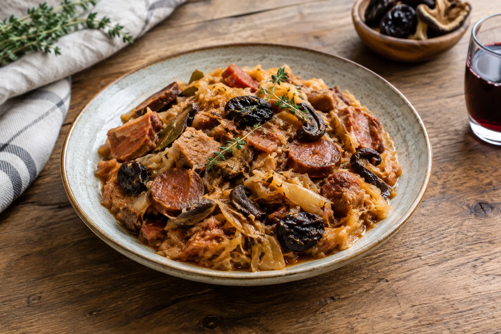 A wide bowl of bigos with sauerkraut, sliced sausage, pork, mushrooms and prunes