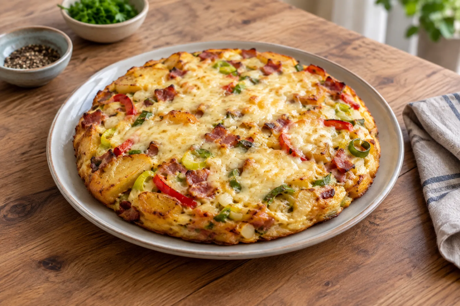 A thick golden omelette filled with potato, bacon and peppers, topped with melted cheese