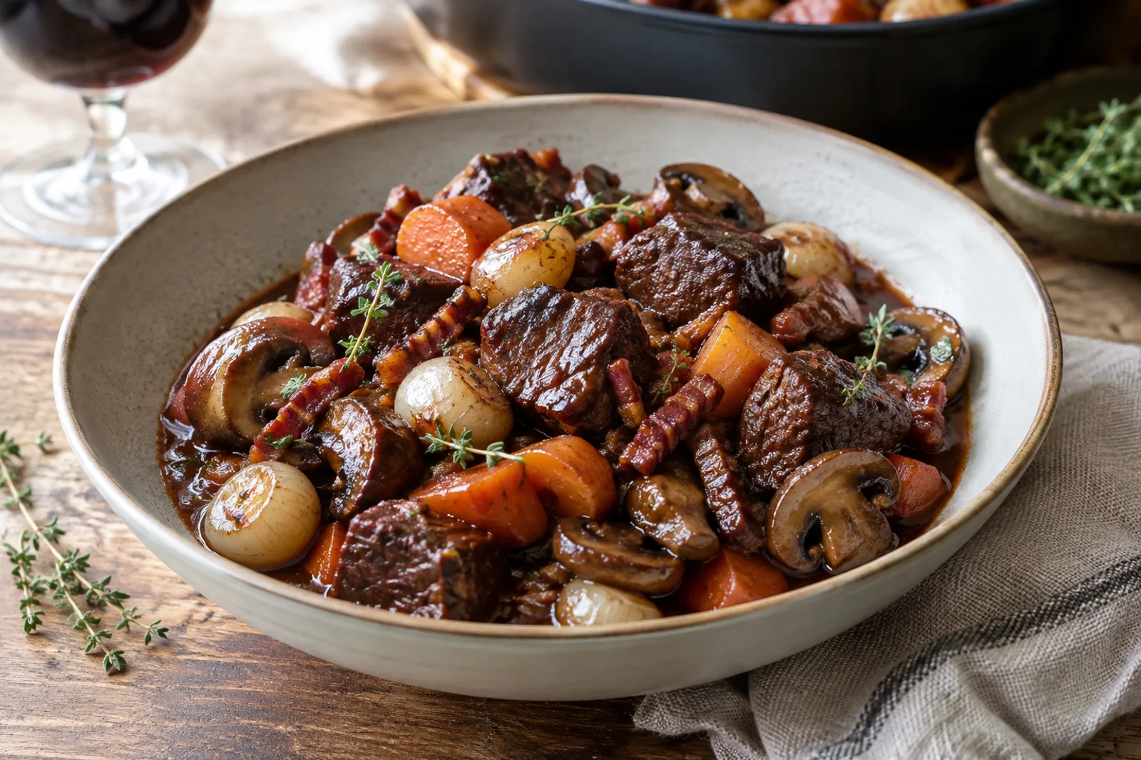 Boeuf bourguignon in a cast-iron pot, with mushrooms, glazed baby onions and a dark wine sauce