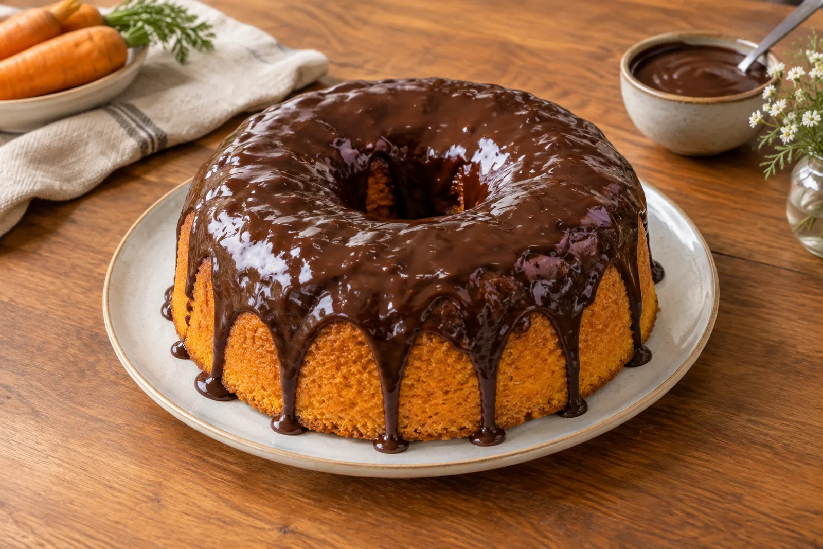 A square of bright orange sponge cake covered in a thick glossy chocolate glaze