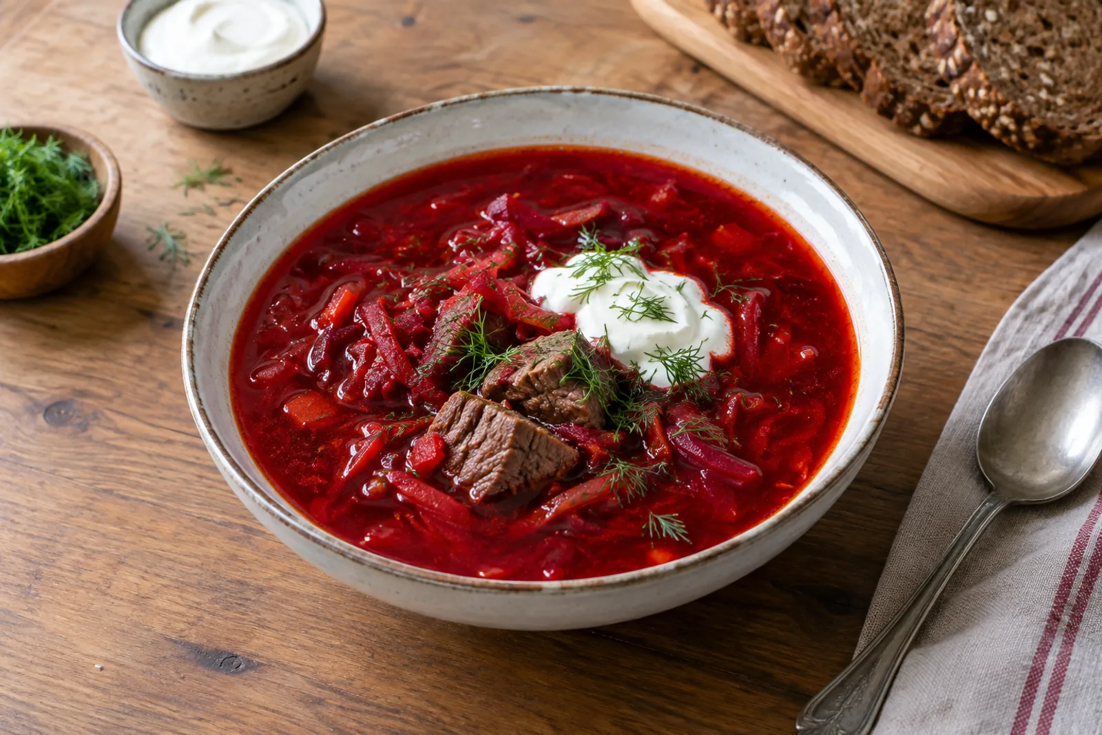 A bowl of deep red borscht with a spoonful of soured cream and chopped dill