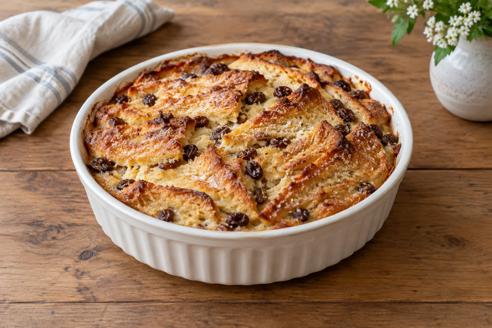 A baking dish of golden bread and butter pudding with crisp triangles on top and sultanas