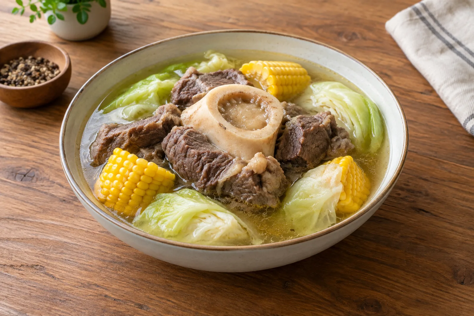 A bowl of clear beef broth with a marrow bone standing in it, corn and cabbage