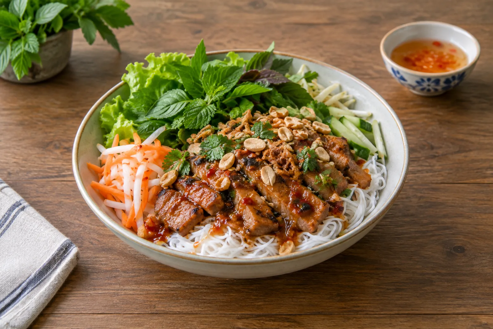 A bowl of cold rice noodles with grilled pork, herbs, pickled carrot and crushed peanuts