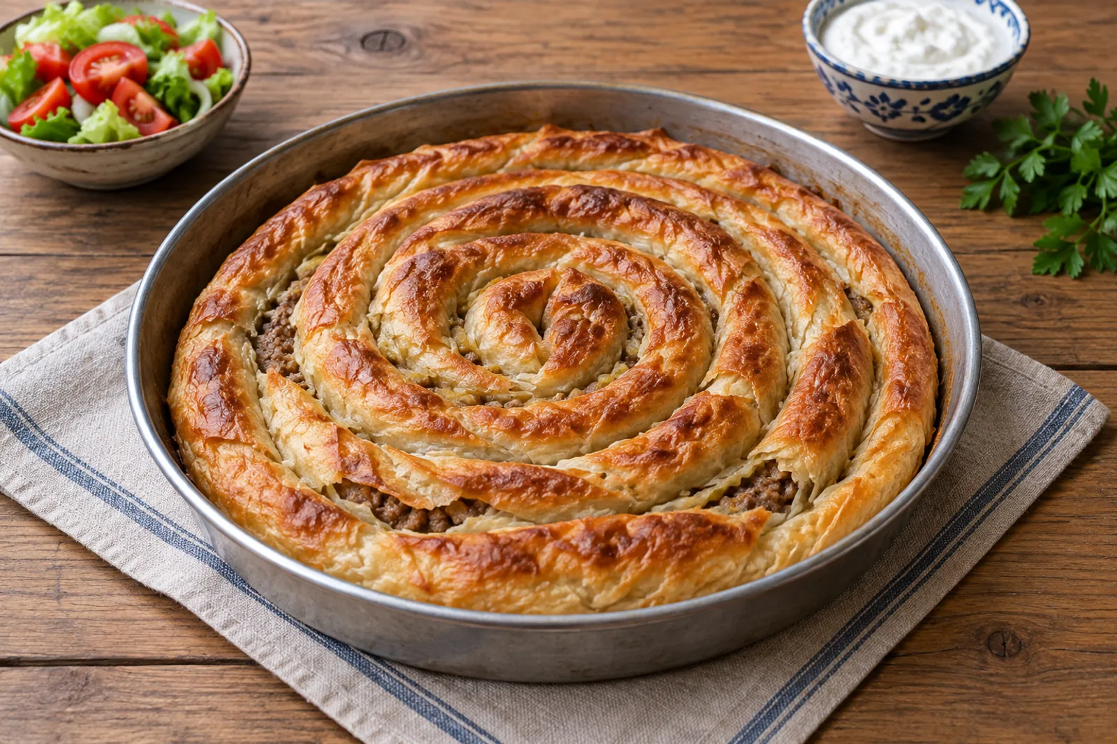 A round coiled golden pastry in a tin, a slice cut to show minced meat inside, with yoghurt
