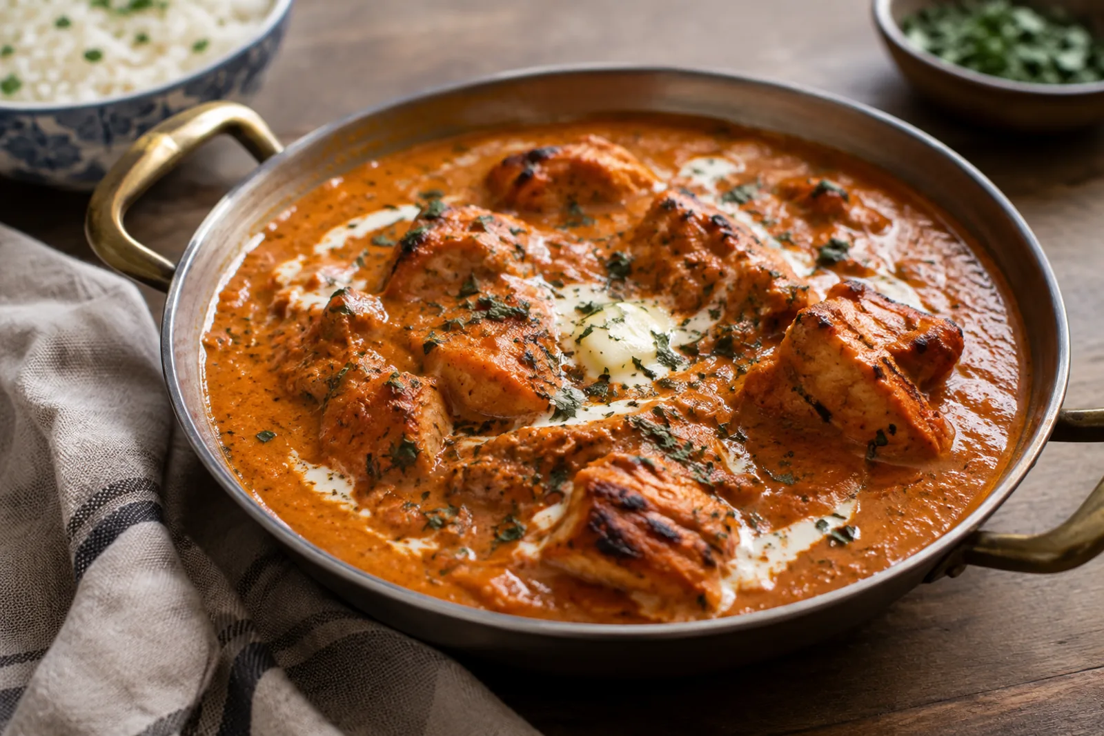 Butter chicken in a glossy orange sauce with a swirl of cream and fresh coriander