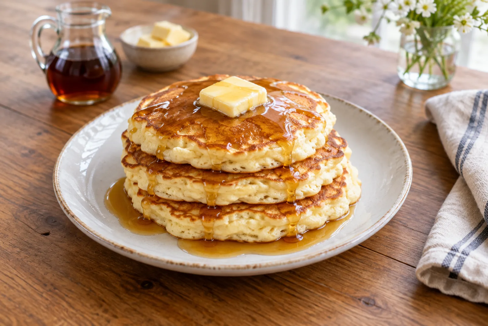 A tall stack of thick fluffy pancakes with melting butter and maple syrup