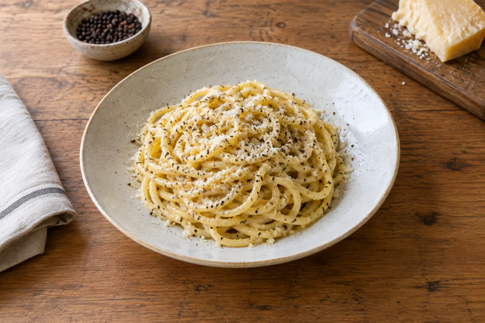 Cacio e pepe twirled on a plate, coated in a glossy pecorino sauce with coarse black pepper