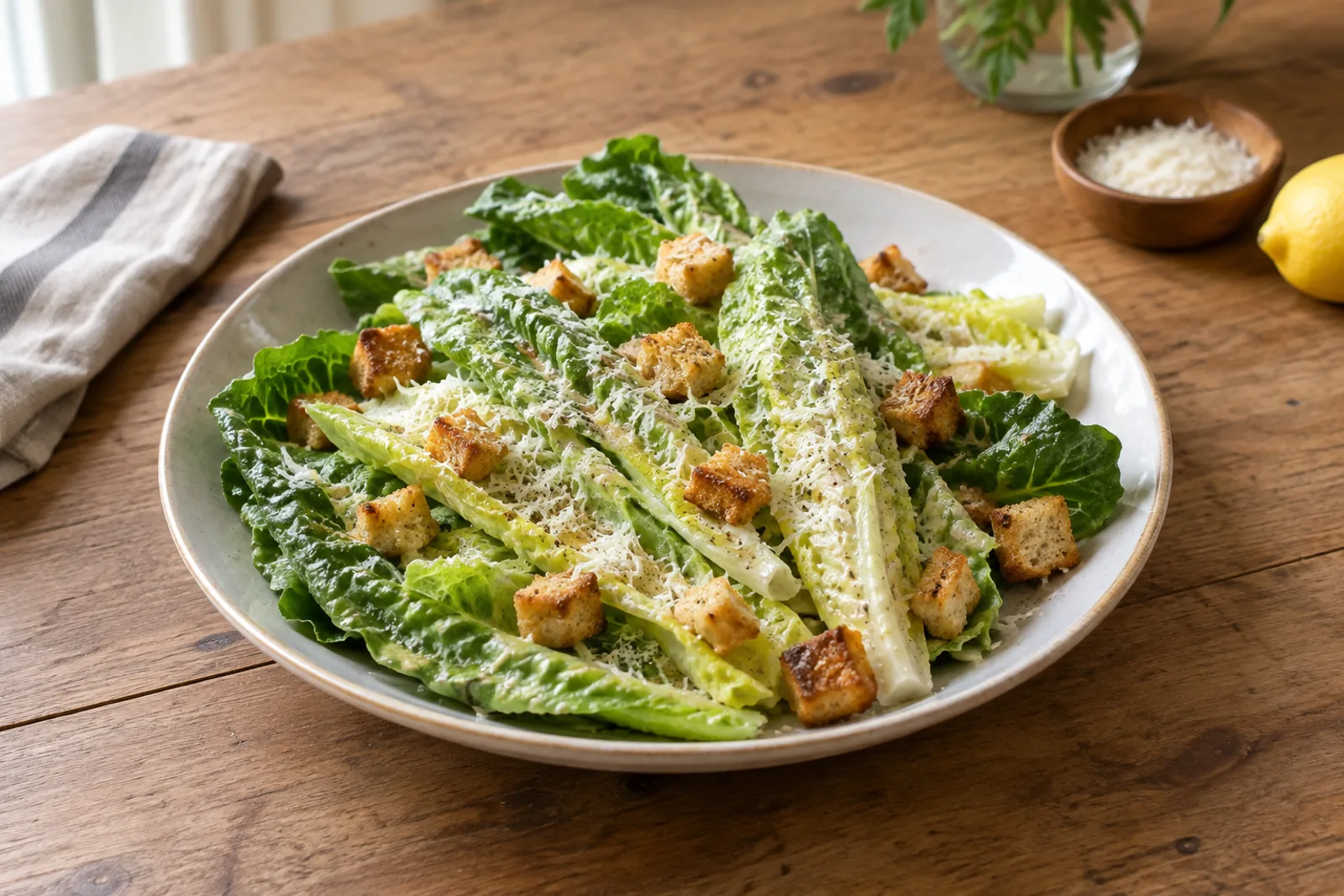 Whole romaine leaves coated in creamy dressing with croutons and shaved parmesan