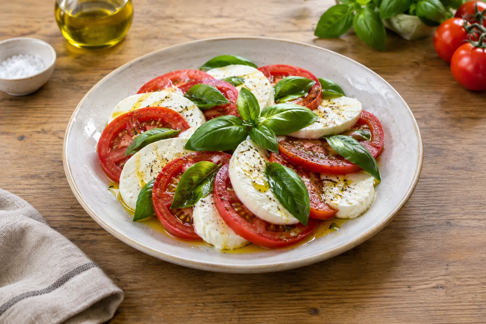 Alternating slices of red tomato and white mozzarella with basil leaves and olive oil