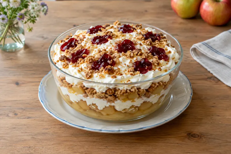 A glass bowl of Danish apple cake showing layers of golden toasted crumbs, pale apple compote and whipped cream, topped with more cream and dots of red jelly.