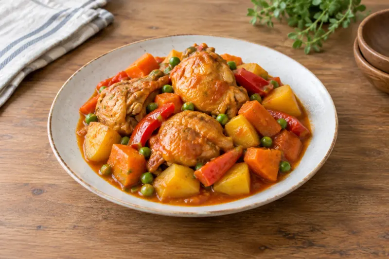 A pot of chicken in tomato sauce with potatoes, carrots, red and green peppers
