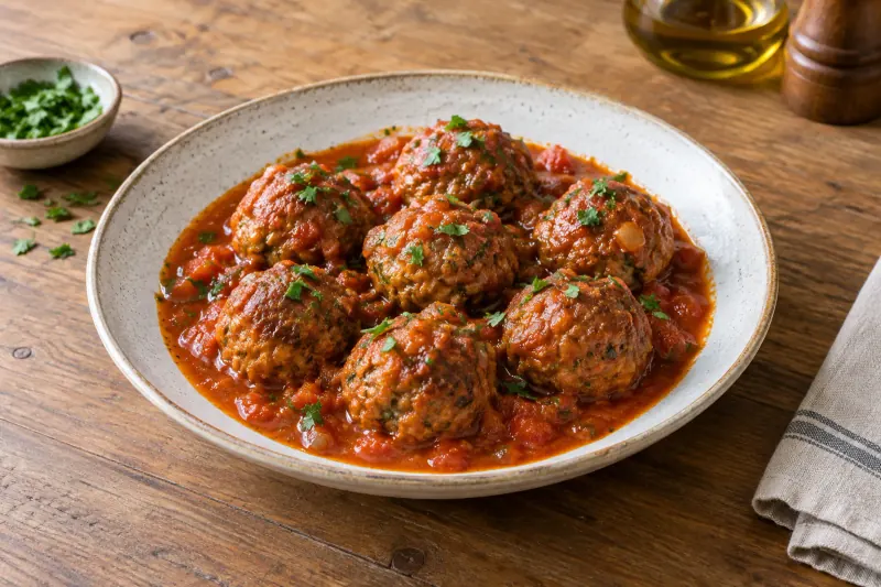 Meatballs in tomato sauce in an earthenware dish with parsley and crusty bread