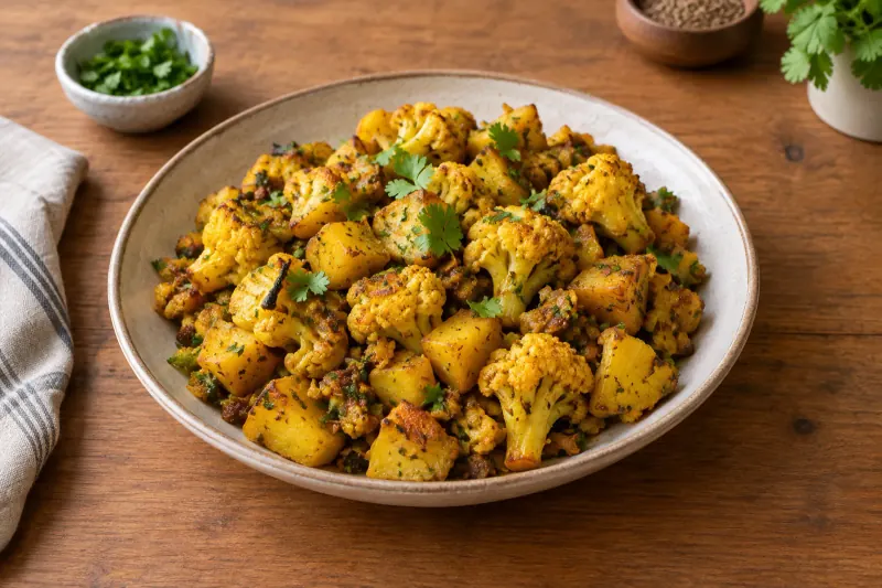 A pan of golden aloo gobi with browned cauliflower florets, potato and fresh coriander