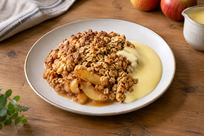 A baking dish of apple crumble with a golden crunchy topping and a jug of custard