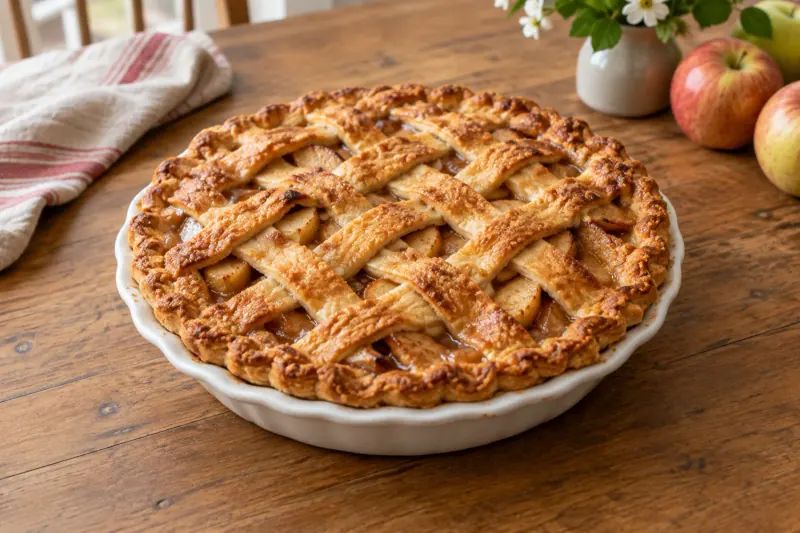 A golden lattice-topped apple pie with bubbling filling, one slice cut with ice cream