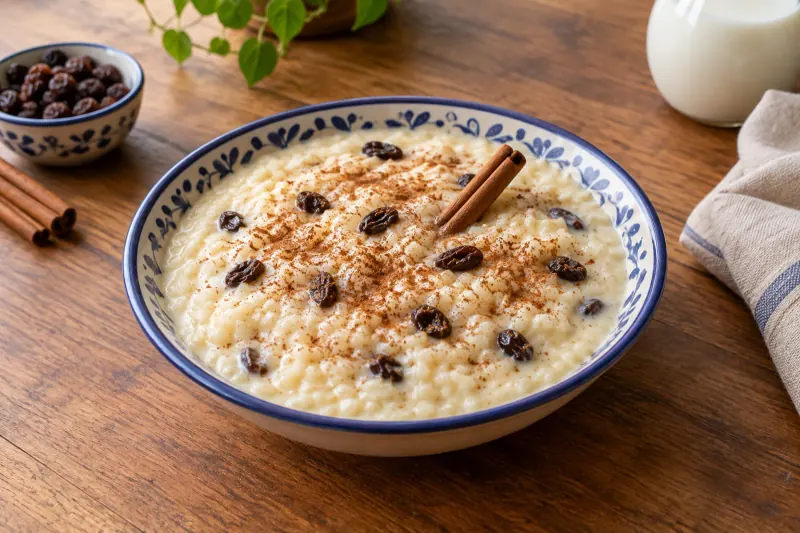 A bowl of loose, creamy rice pudding with a cinnamon stick, raisins and ground cinnamon on top