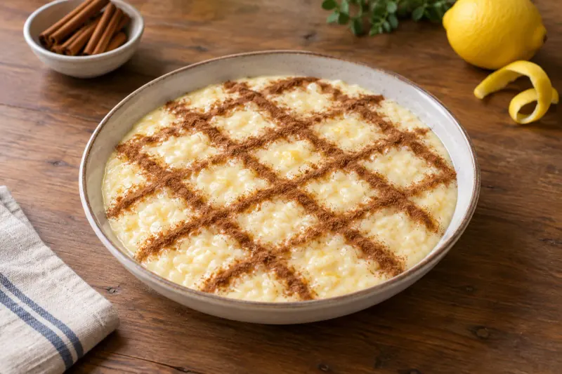 A dish of creamy rice pudding with a cinnamon lattice pattern on top