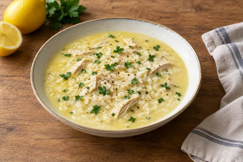 A bowl of pale lemon-yellow avgolemono soup with shredded chicken, rice and a lemon wedge
