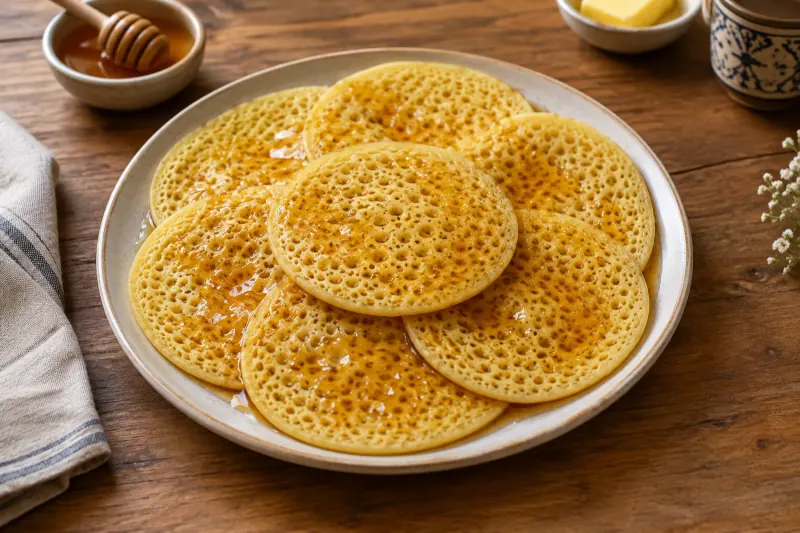 Spongy pale pancakes covered in tiny holes, drenched in melted butter and honey
