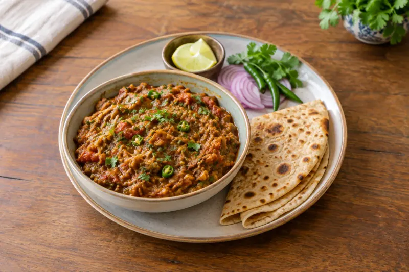 A bowl of smoky mashed aubergine cooked with tomato and onion, topped with coriander