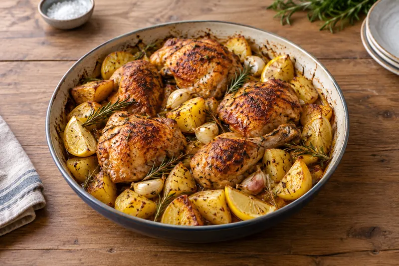 A roasting tray of paprika-red chicken thighs and drumsticks with crisp skin on golden potato chunks, with roasted lemon wedges, whole garlic cloves and rosemary sprigs tucked between them.