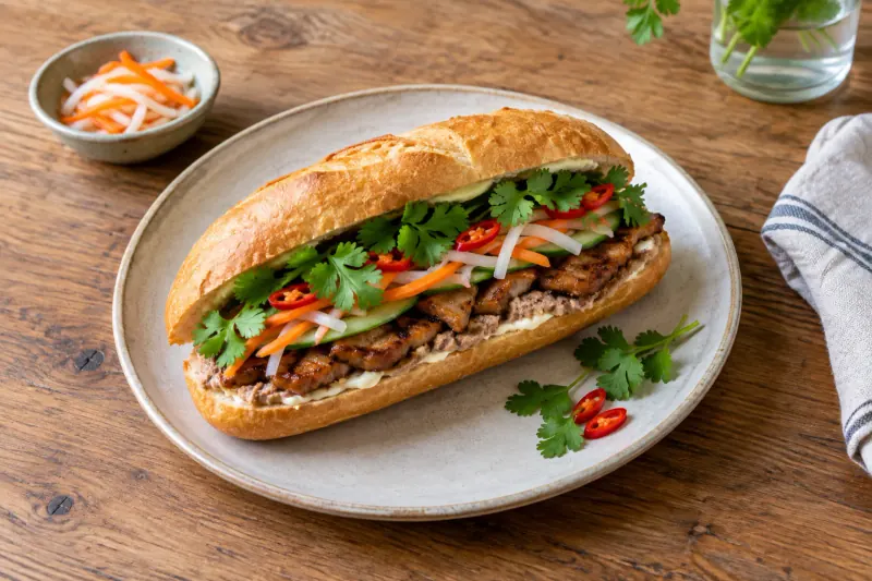 A bánh mì cut open showing grilled pork, pickled carrot and daikon, cucumber and coriander
