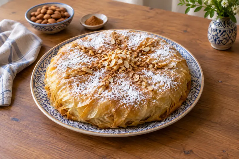 A round bastilla pie dusted with icing sugar and cinnamon in a lattice pattern