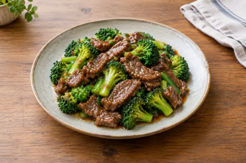 Sliced beef and bright green broccoli florets in a glossy brown sauce
